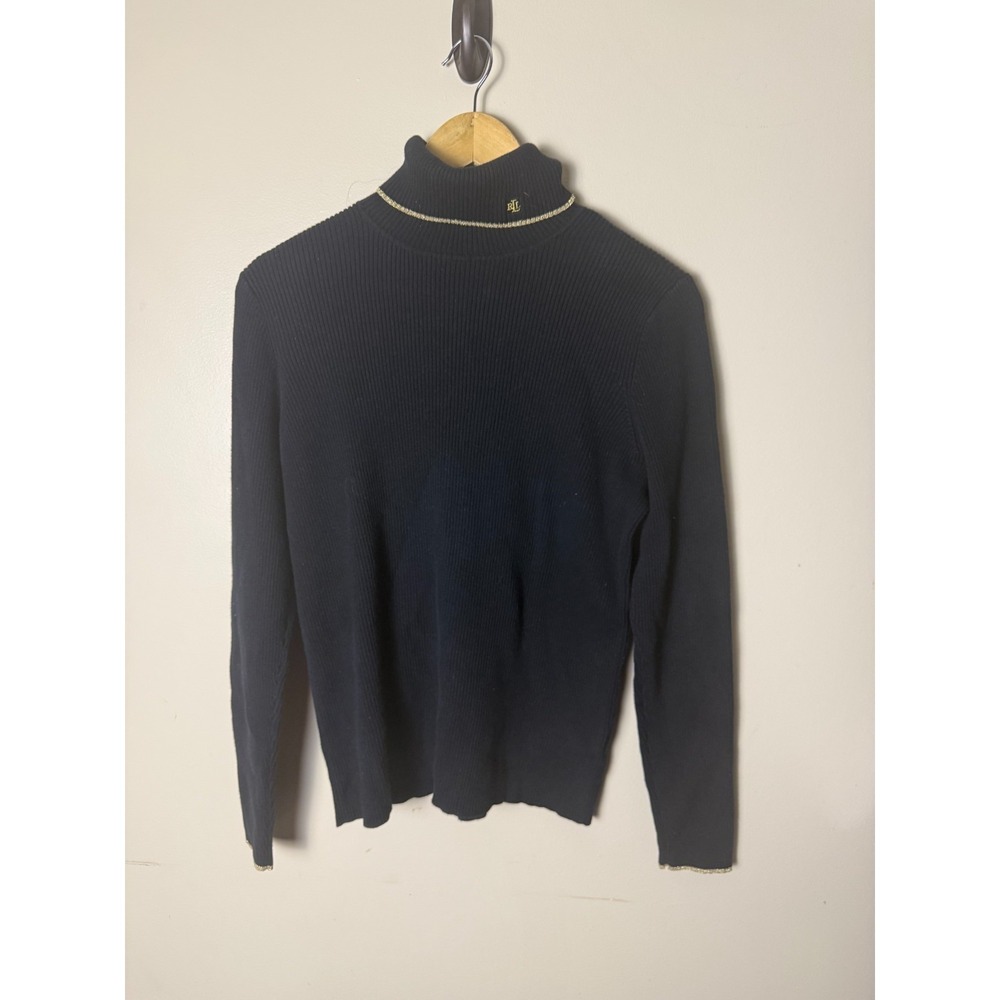 Vintage Lauren Ralph Lauren Turtle Neck Shirt Womens L Black Embroidered
